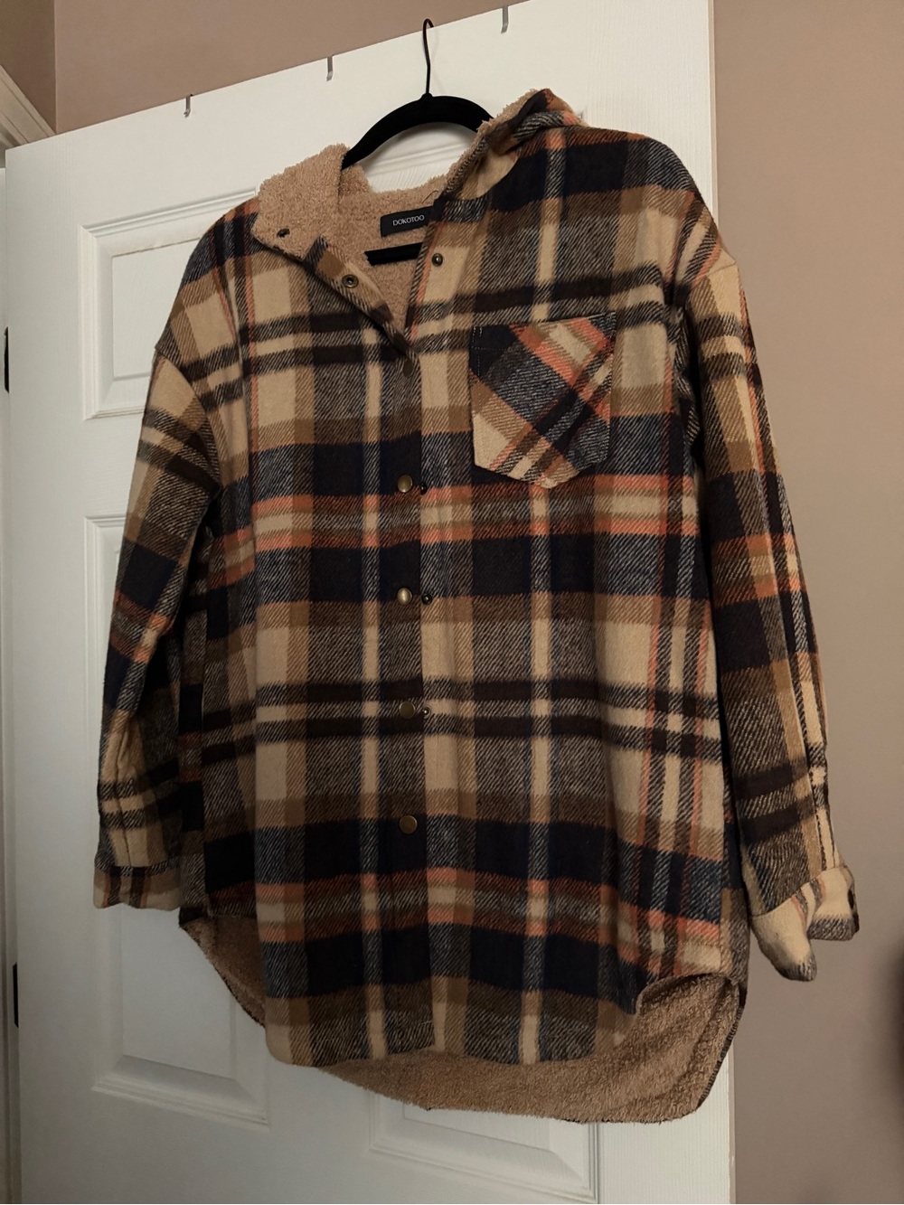 Cozy Plaid Sherpa-Lined Jacket Shirt - Taupe Black Orange